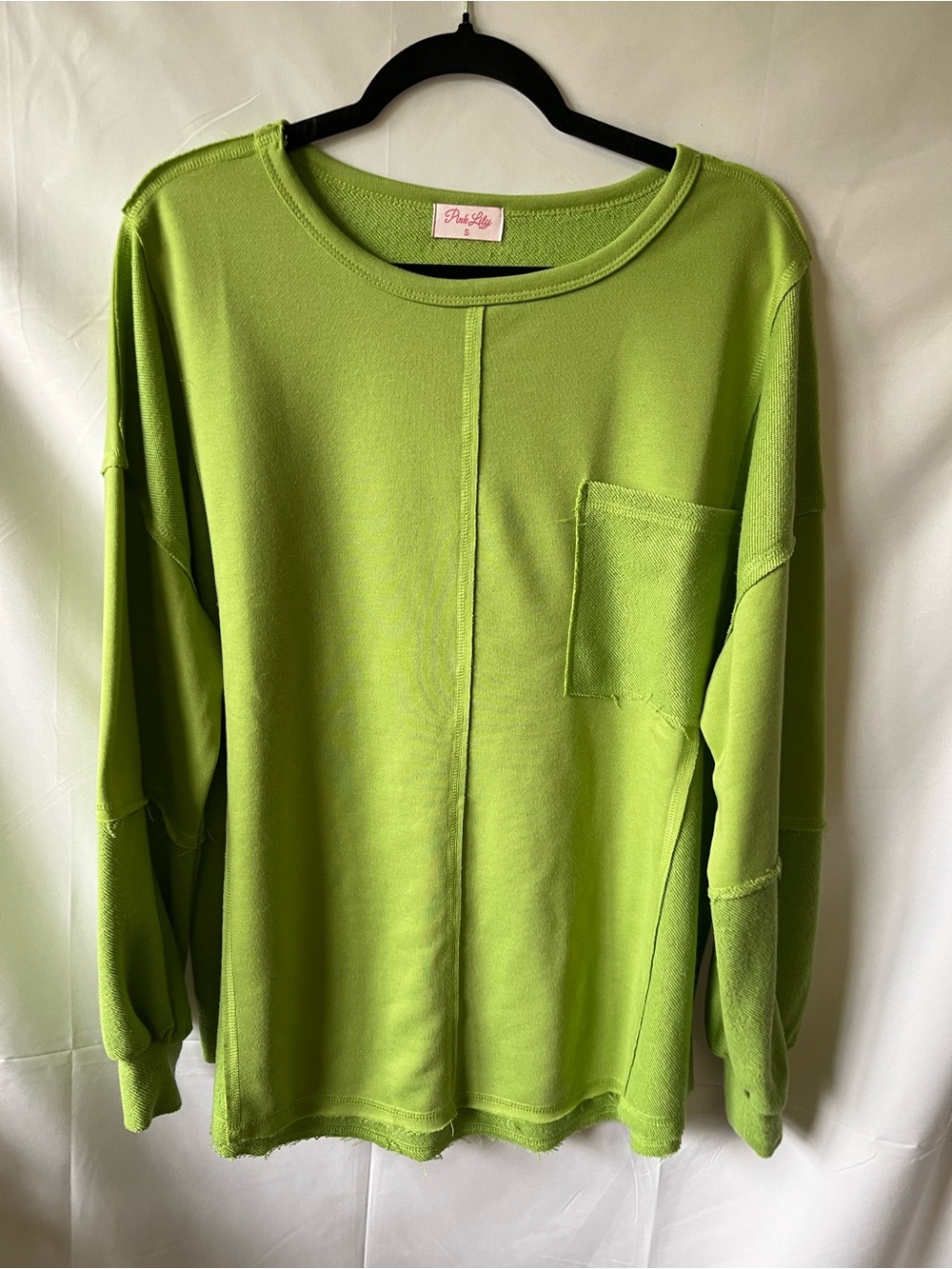 Pink Lily Bright Lime Green Long Sleeve Pocket Crewneck Sweater